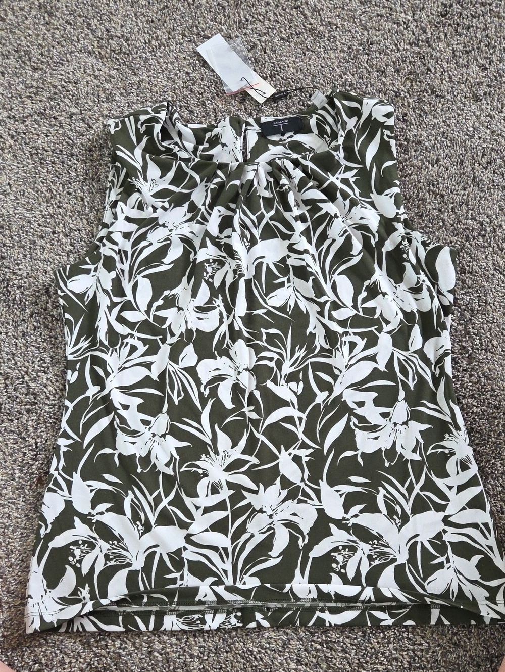 Tahari Olive & White Floral Sleeveless Blouse